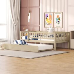 Twin Size Daybed With Trundle And Fence Guardrails - Natural
