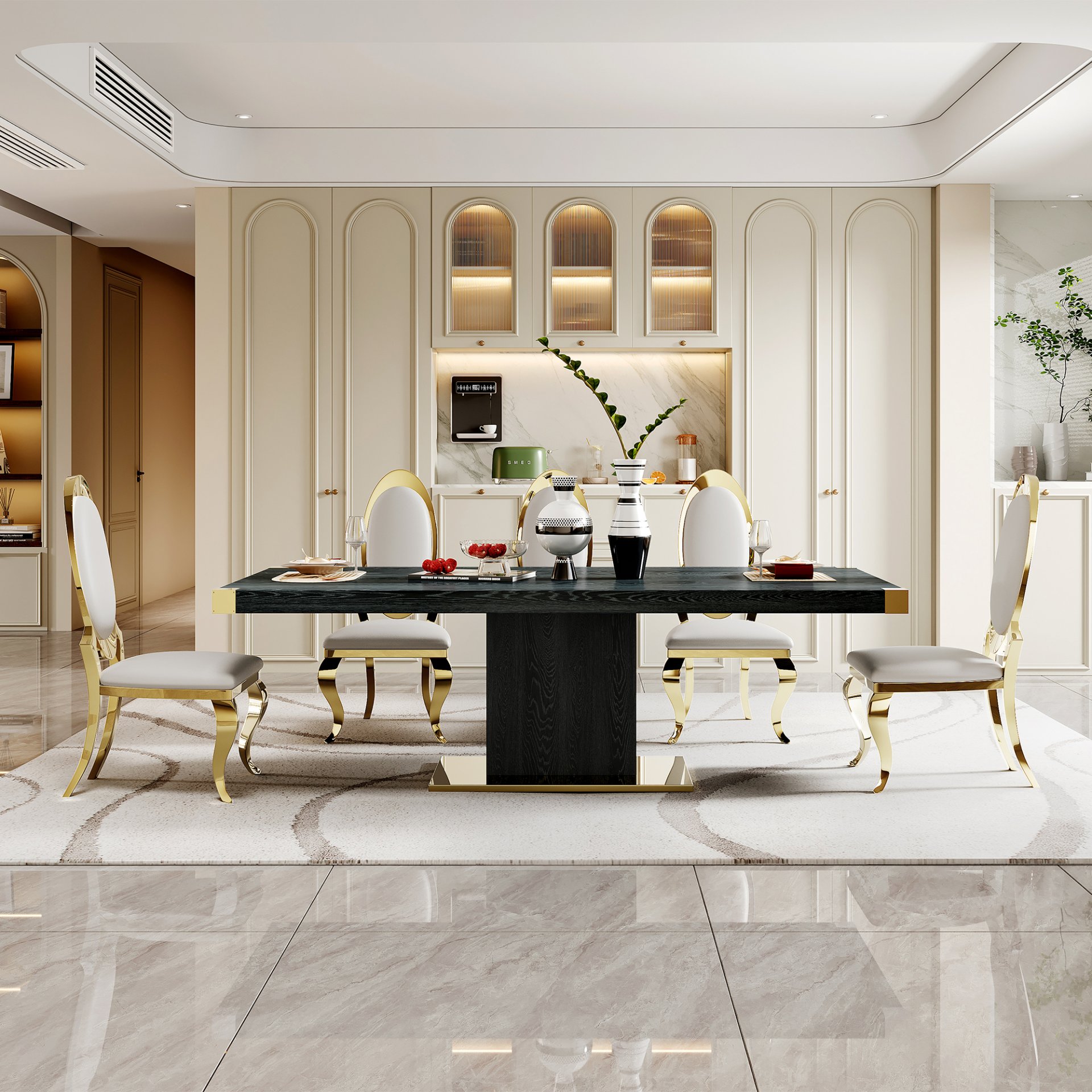 Top Dining Table With Gold Finish Corner, Pillar And Gold Finish Stainless Steel Base - Black - Image 4