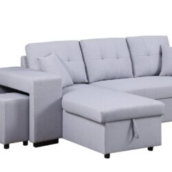 Dennis - Linen Fabric Reversible Sleeper Sectional With Storage Chaise And 2 Stools - Light Gray
