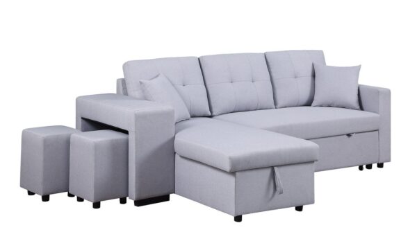 Dennis - Linen Fabric Reversible Sleeper Sectional With Storage Chaise And 2 Stools - Light Gray