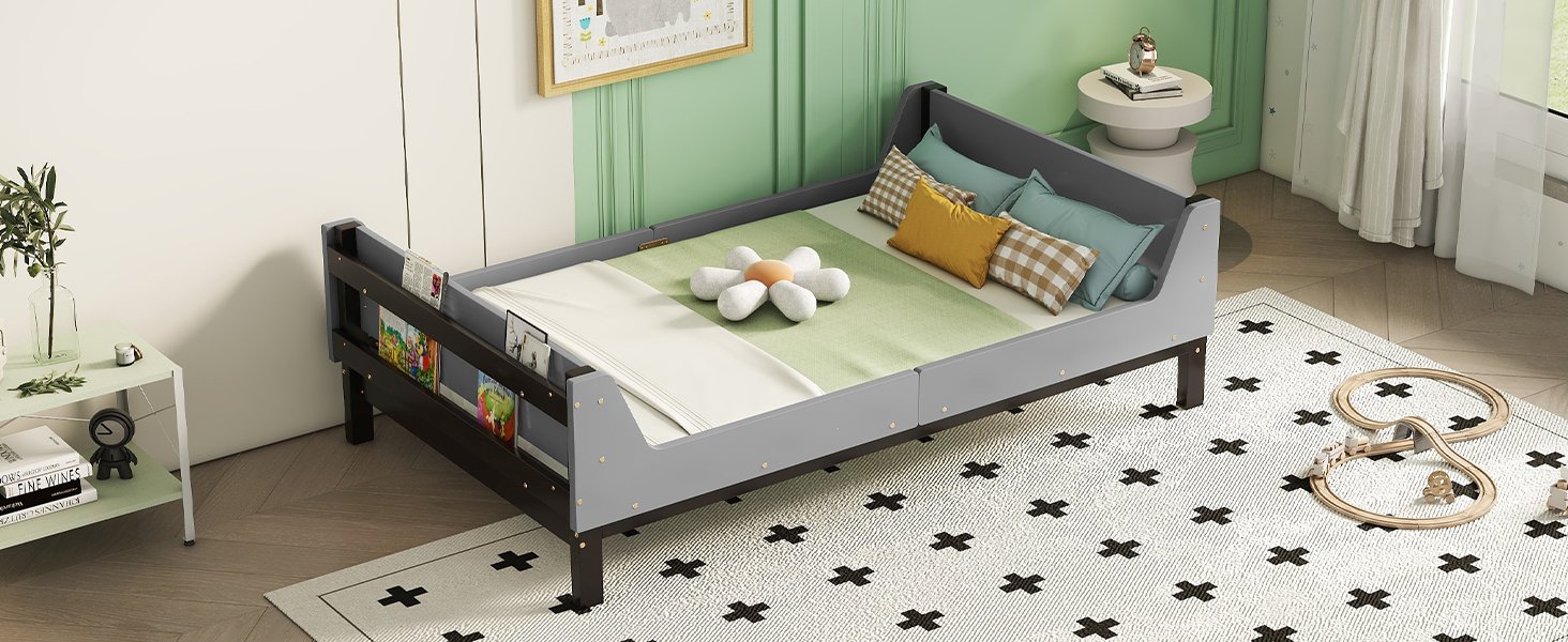 Twin Bed With Headboard, Footboard, Safeguards, Built-In Bed-End Book Storage Rack - Gray - Image 8