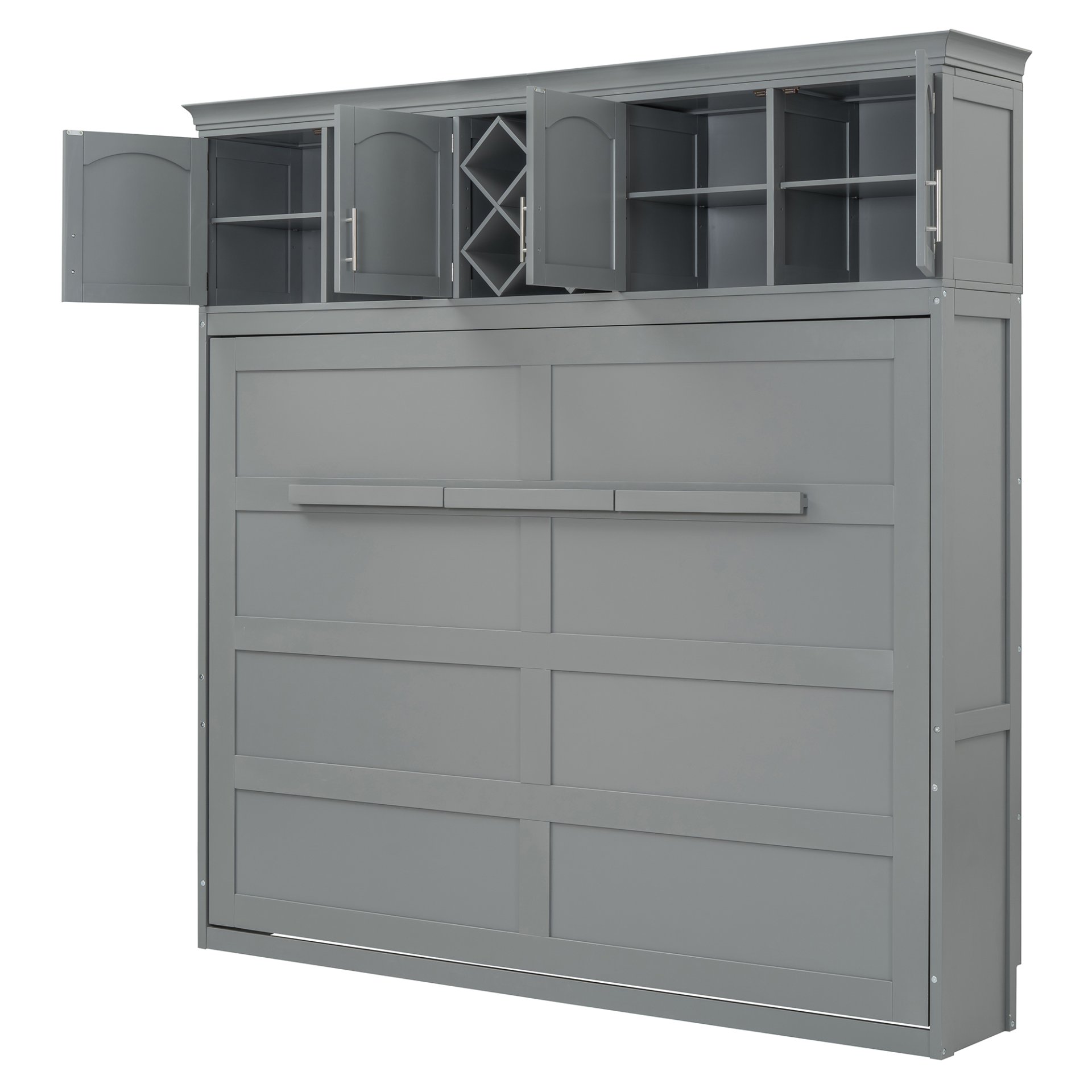 Queen Size Murphy Wall Bed With Top Cabinets & Wine Rack - Gray - Image 9