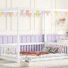 Full Size Canopy Frame Floor Bed With Fence, Guardrails - White - Image 10