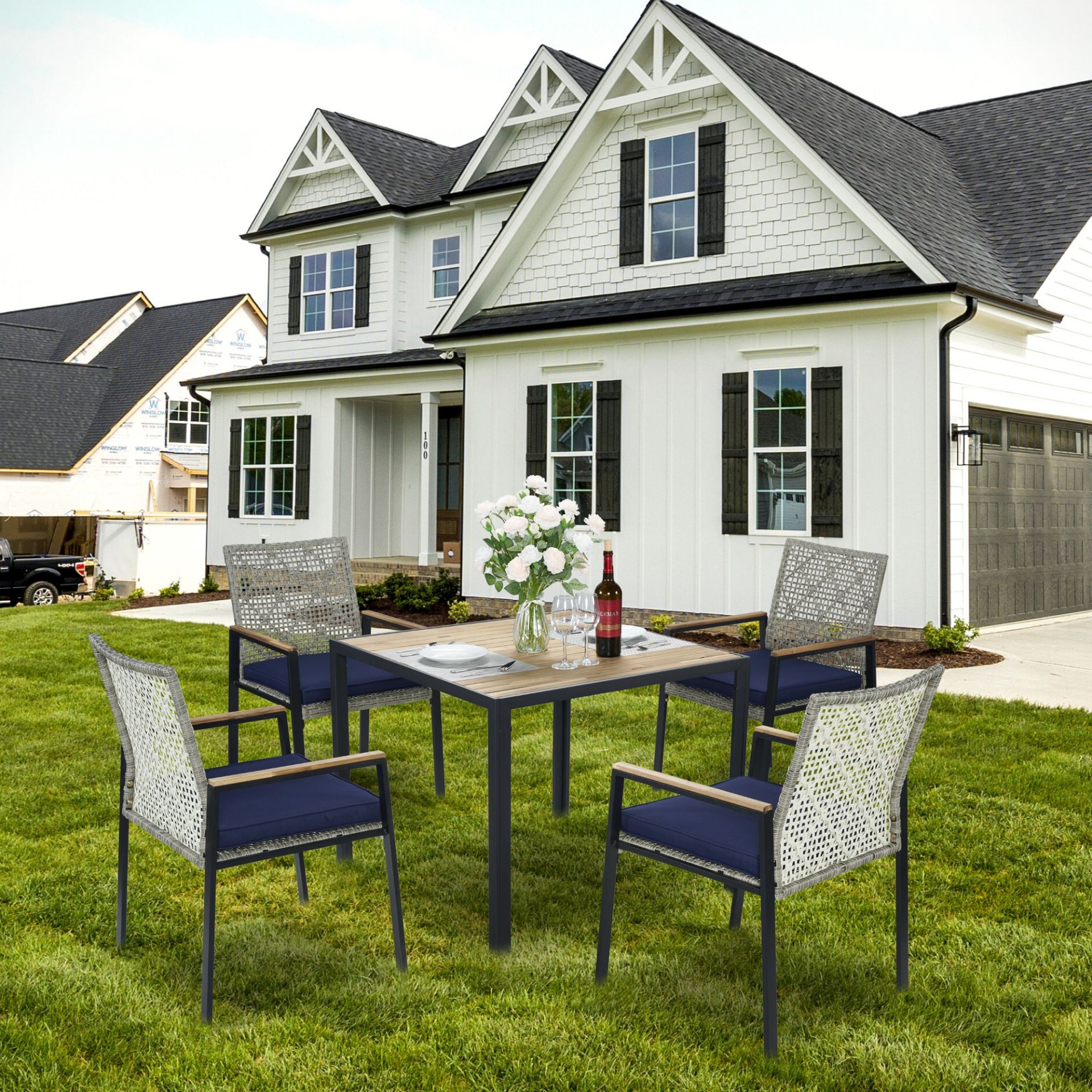 All Weather 5 Piece Patio Dining Table Sets With Acacia Wood Top And Umbrella Hole, Rattan Outdoor - Light Gray - Image 18