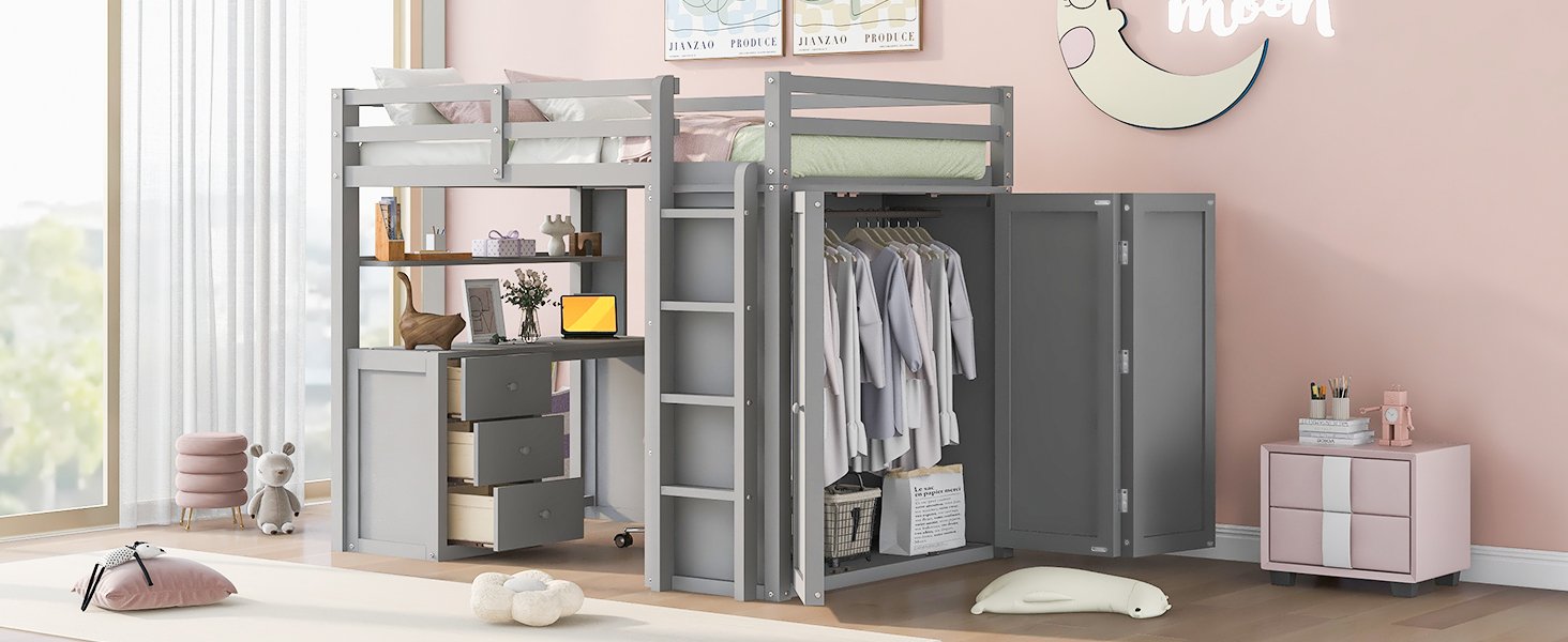Full Size Loft Bed With Drawers, Desk, And Wardrobe - Gray - Image 14