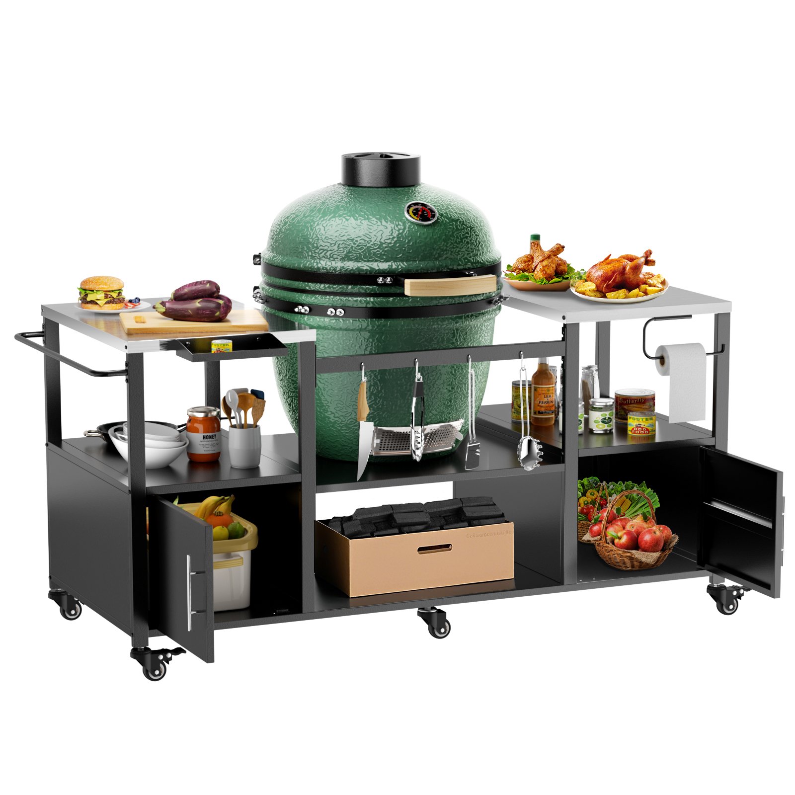 Outdoor Grill Table For Big Egg Style Bbq With Metal Grill Cart And Storage Box And Metal And Stainless Steel - Black / Silver - Image 5