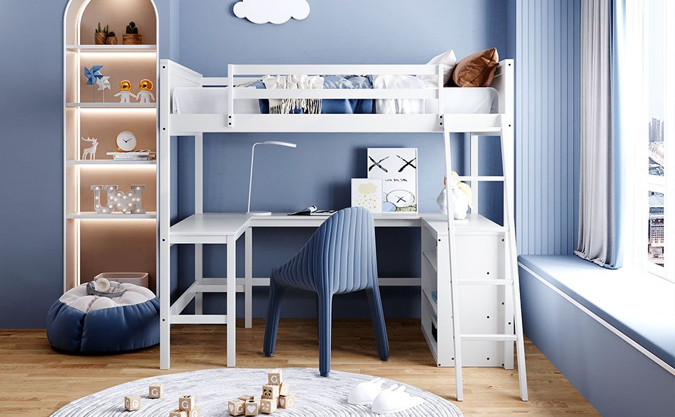 Full Size Loft Bed With Shelves With Desk - White - Image 18