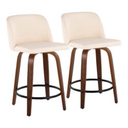 Toriano - Mid-Century Modern Fixed Height Counter Stool & Swivel And Round Footrest (Set of 2) - Walnut / Cream