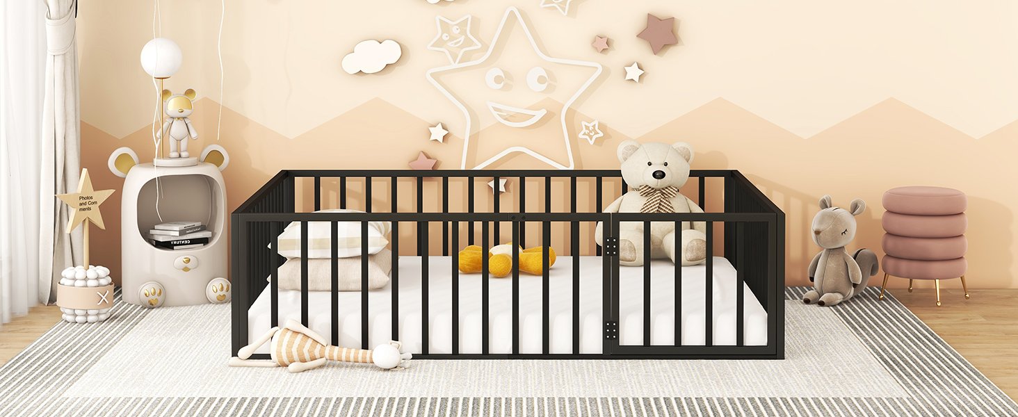 Queen Size Floor Bed Frame With Fence And Door - Black - Image 16