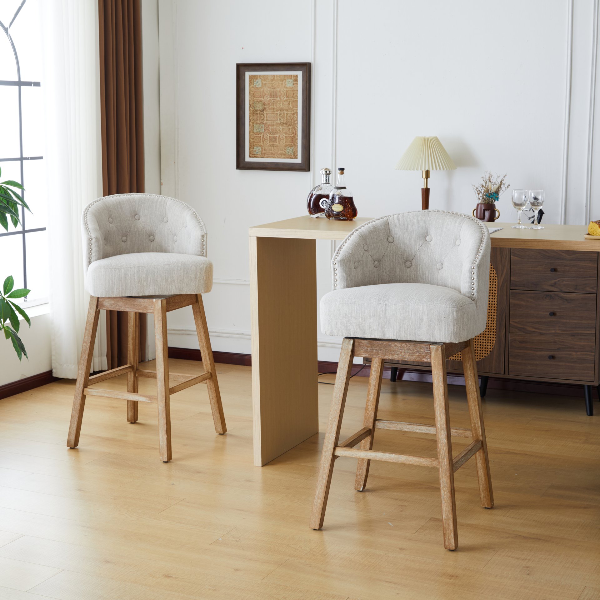 Swivel Counter Stools (Set of 2), Upholstered Counter Height Bar Stools With Solid Rubber Wood Frame, Backrest, Footrest, Armless Barstools For Home Bar, Kitchen Counter - Natural / Beige - Image 6