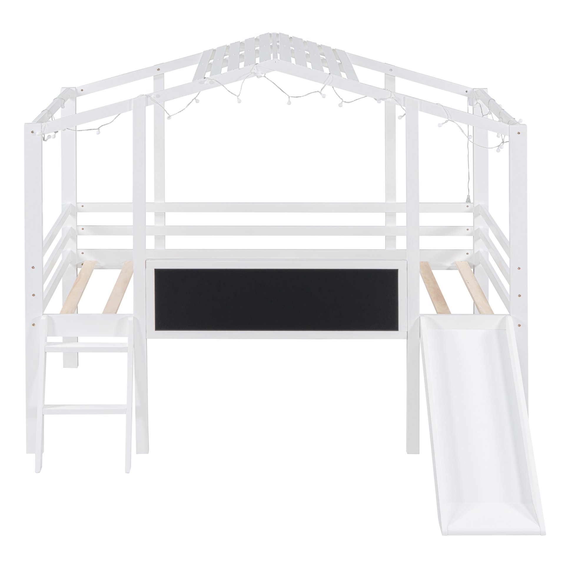 Twin Size Loft House Bed With Ladder And Slide, With Blackboard And Light Strip On The Roof - White - Image 8