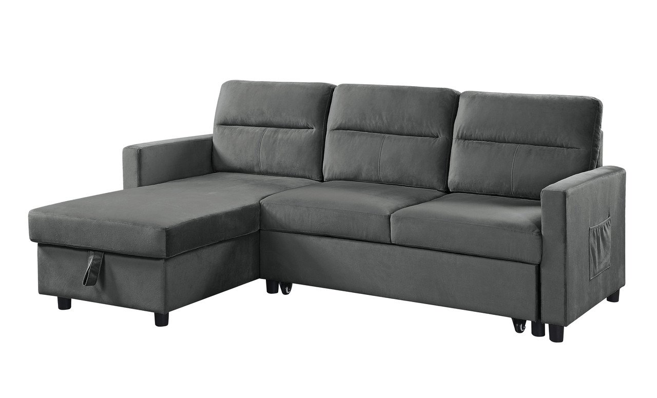 Ivy - Velvet Reversible Sleeper Sectional Sofa With Storage Chaise And Side Pocket - Dark Gray - Image 2