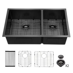 Double Bowl 33" Undermount Kitchen Sink 60 / 40 Design Stainless Steel 16 Gauge With Deep Basins - Black