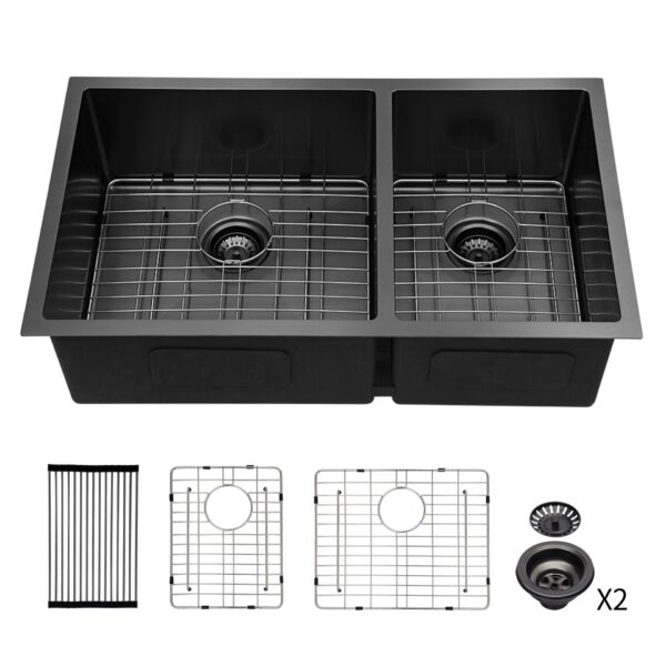 Double Bowl 33" Undermount Kitchen Sink 60 / 40 Design Stainless Steel 16 Gauge With Deep Basins - Black