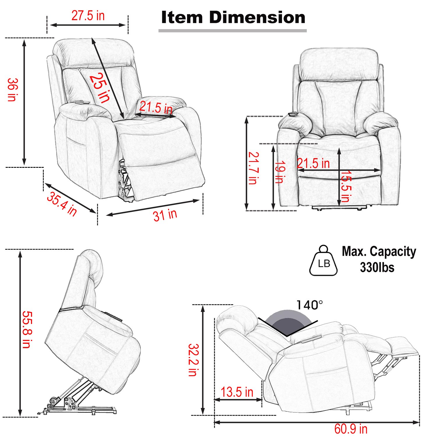 35.4" Electric Power Lift Recliner Chair, Fabric Recliner Chair, Home Theater Seating, Living Room Chair, Side Pocket, Remote Control - Light Gray - Image 12