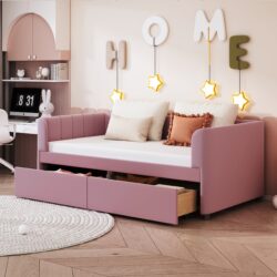 Twin Size Upholstered Daybed With Ergonomic Design Backrest And 2 Drawers - Pink