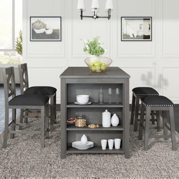 5 Pieces Counter Height Rustic Farmhouse Dining Room Wooden Bar Table Set With 2 Stools And 2 Chairs - Gray
