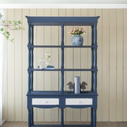 4 Tiered Wooden Shelf With Two Drawers, Farmhouse Wood Bookcase Display Storage Shelf Etageres - Antique Navy Blue