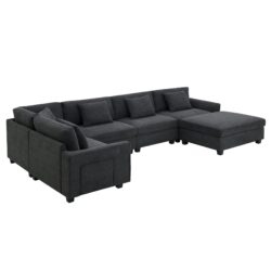U Shaped Sectional Sofa 6 Seat Couch Set With Oversized Ottoman, Hidden Armrest Storage And Cup Holders USB Charging Ports Wide Seat Sofa - Black