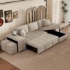 Modern L-Shape 3 Seat Reversible Sectional Couch, Pull Out Sleeper Sofa With Storage Chaise And 2 Stools For Living Room Furniture Set - Cream - Image 4