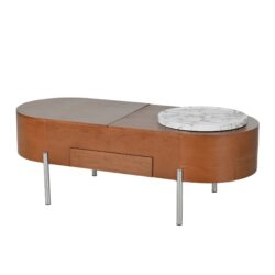 Lift Top Coffee Table With 360 Degree Marble Patterned Rotating Tray, Hidden Compartment, Partially Assembled Wooden Center Table, Modern Oval Lift Tabletop For Home Living Room - Brown