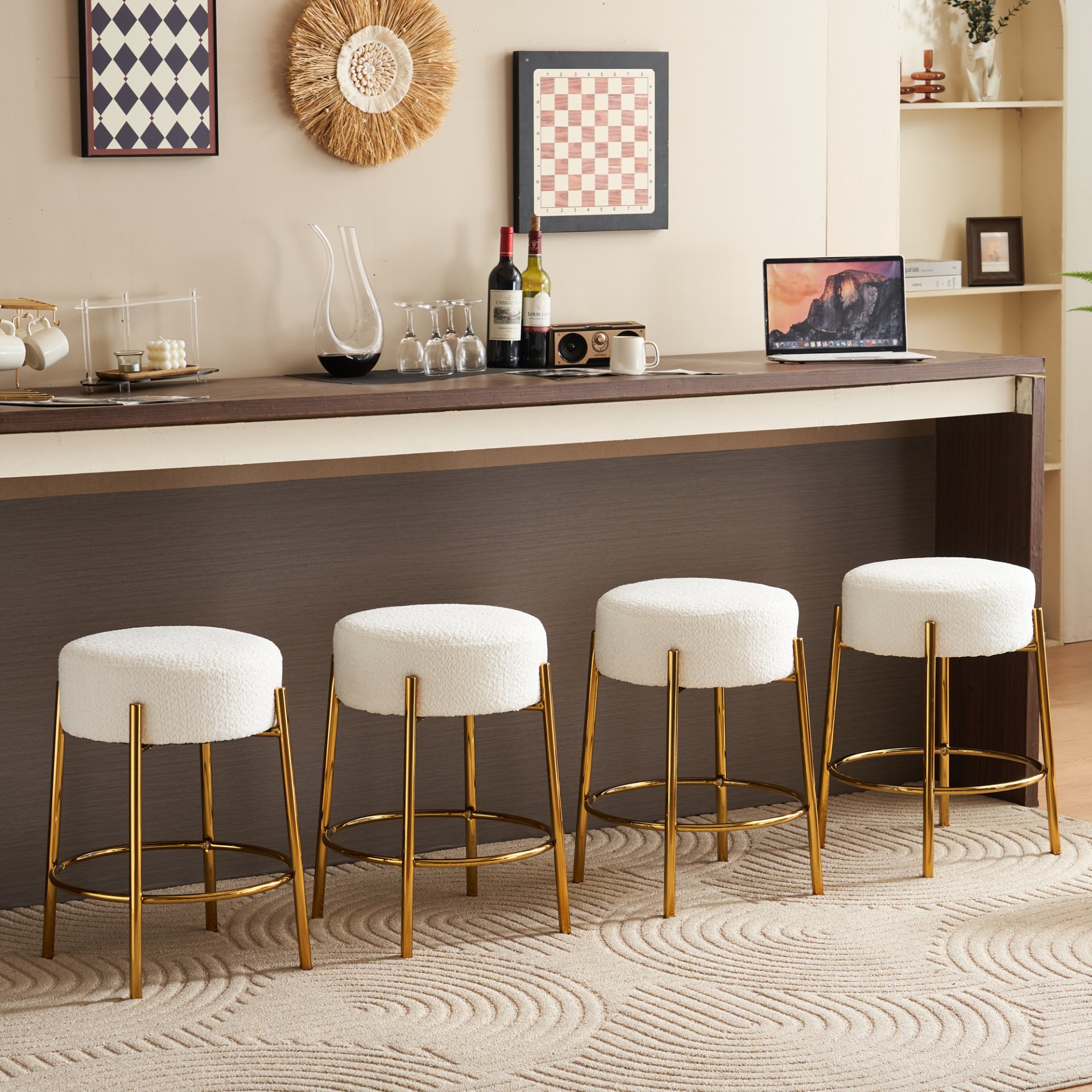 Round Bar Stools (Set of 2), Contemporary Upholstered Dining Stools For Kitchens, Coffee Shops And Bar Stores - White / Gold - Image 6
