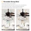 52" Crystal Shade Ceiling Fan Lamp, 3 Speed, 4 Timing, 5 Reversible Blades Crystal Ceiling Fan, 5 Pieces X E12 (No Include Bulb), Hand Pull Chain - Matte Black - Image 11