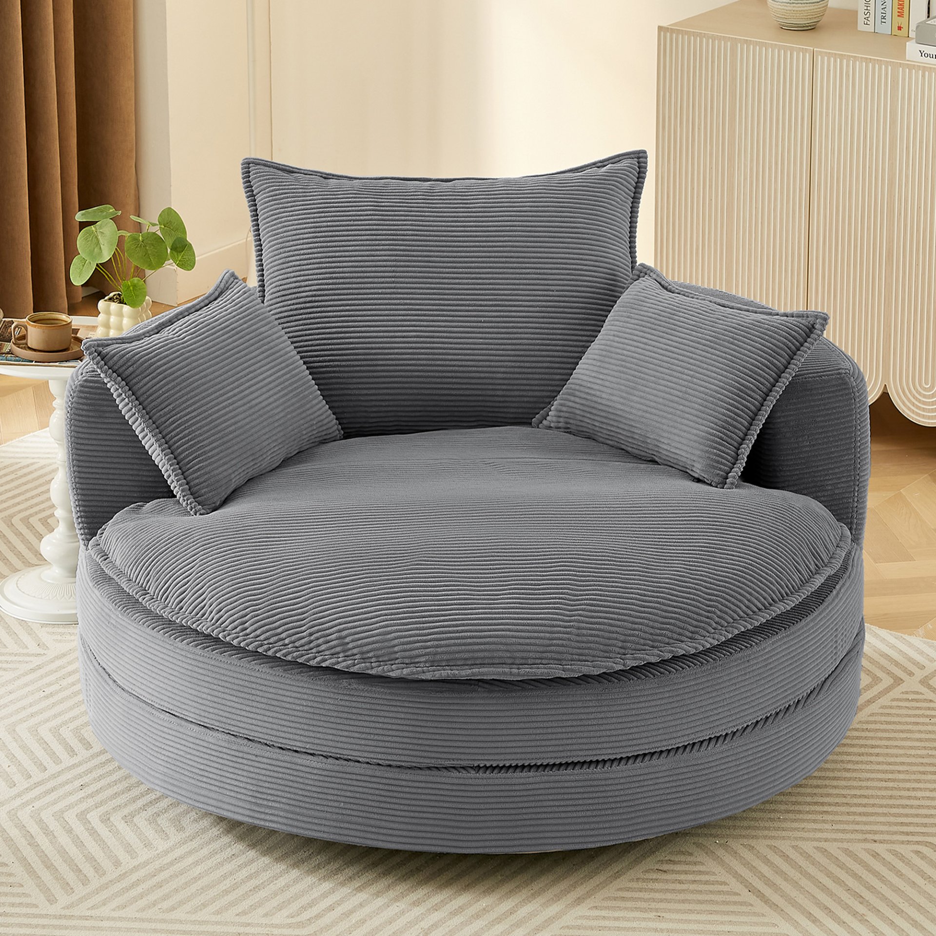 360° Swivel Sofa Chair Accent Barrel Chair With Dual Layer Cushion And 3 Removable Pillows, Corduroy - Gray - Image 9