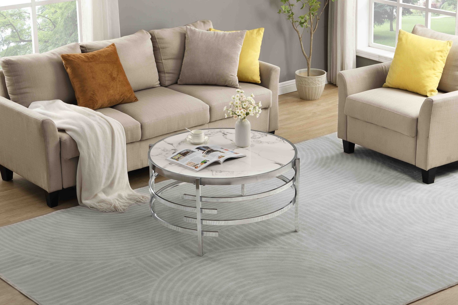 32.48'' Chrome Round Coffee Table With Sintered Stone Top & Sturdy Metal Frame, Modern Coffee Table For Living Room - Silver - Image 4