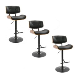 Lombardi - Mid-Century Modern Adjustable Barstool With Swiviel With Straight T Footrest (Set of 3) - Black / Walnut / Black