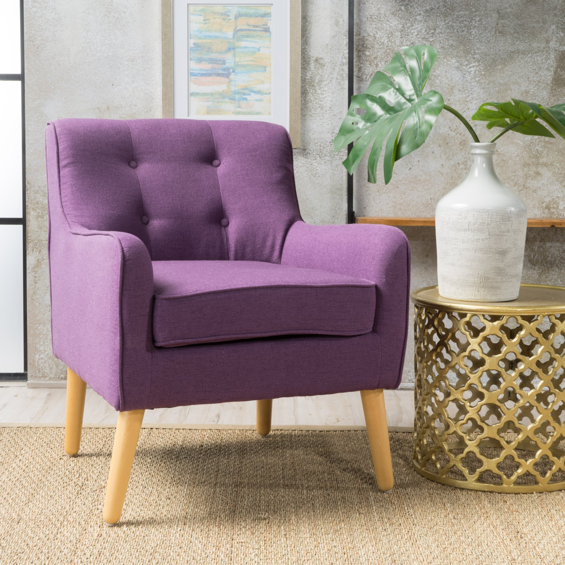 Modern Arm Chair With Tufted Back Fabric And Birch Wood Legs - Purple - Image 2