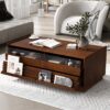 Modern Rectangle Coffee Table With 4 Drawers And 2 Display Shelves, Tempered Glass For Living Room - Brown - Image 3