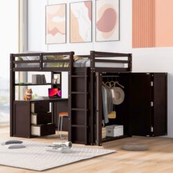 Full Size Loft Bed With Drawers, Desk, And Wardrobe - Espresso