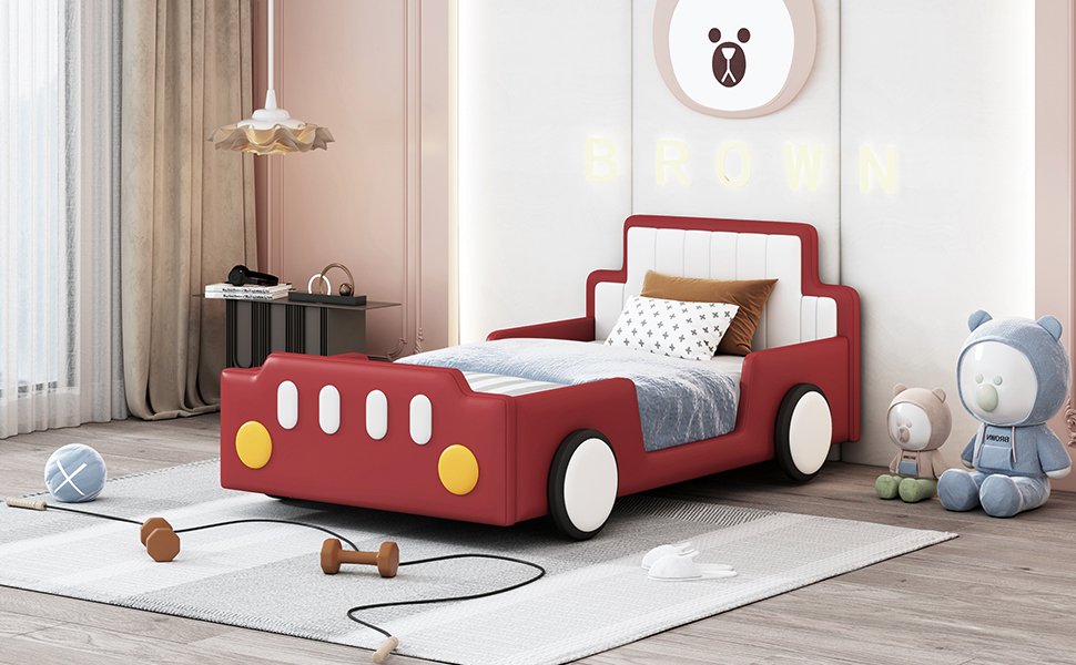 Twin Size Race Car Shaped Platform Bed & Wheels - Red - Image 13