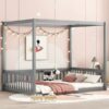Full Size Canopy Frame Floor Bed With Fence, Guardrails - Gray - Image 7