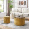 Classic Chenille Storage Ottoman Set With Drum Shaped Stool And Panel - Dark Yellow - Image 3