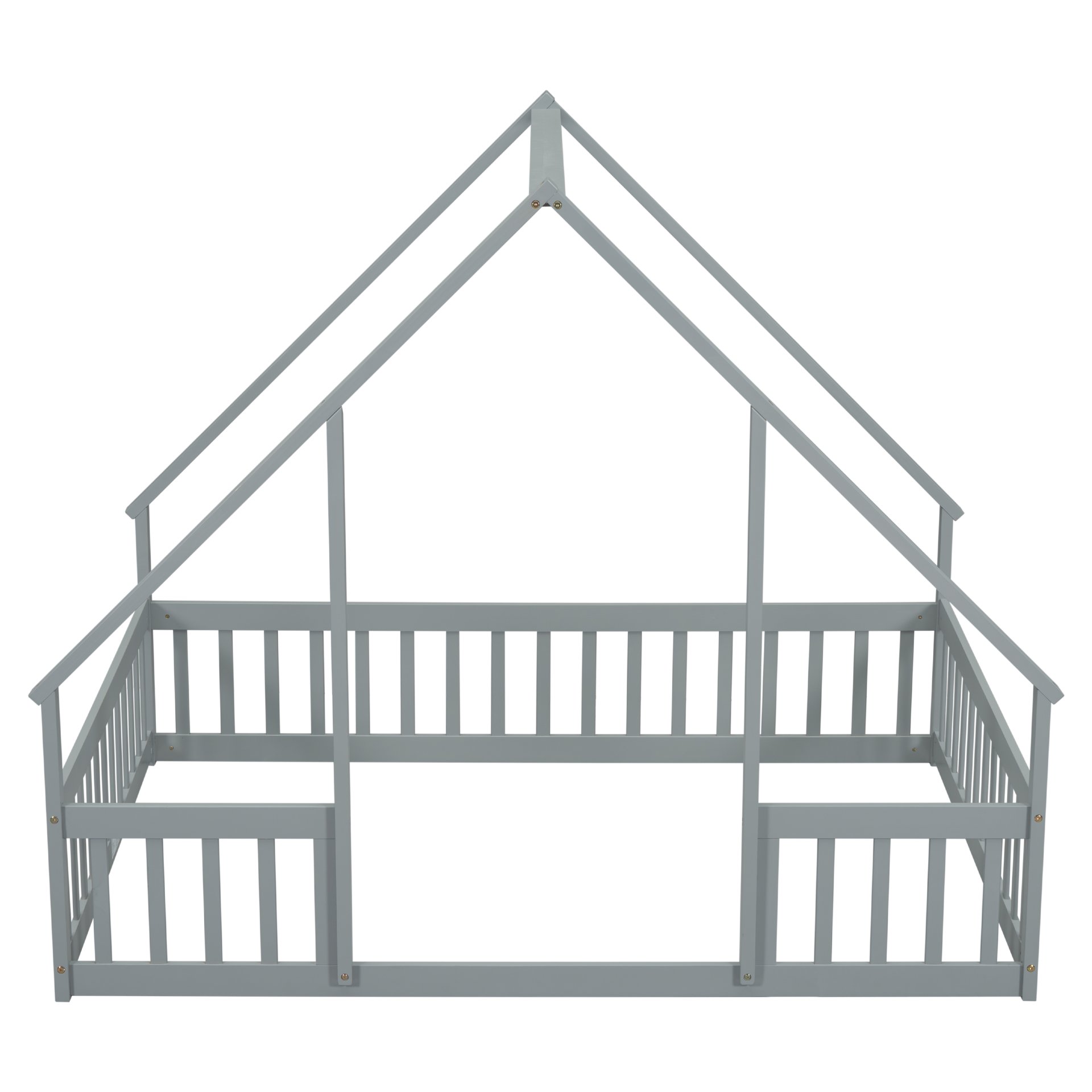 Full Wood House-Shaped Floor Bed With Fence, Guardrails - Gray - Image 17