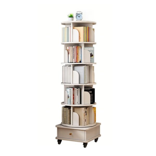 6 Tier Rotating Bookshelf With Wheels And Drawer, 360° Spinning Design, Space Saving Storage, For Home And Office - White