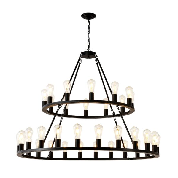 Extra Large Wagon Wheel Chandelier, 2 Tier 36 Lights (No Include) Farmhouse Industrial Round High Ceiling Pendant Light Adjustable Chain, For Dining Room, Living Room, Kitchen - Black