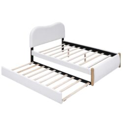 Full Size Upholstered Platform Bed With Wood Supporting Feet And Twin Size Trundle - White