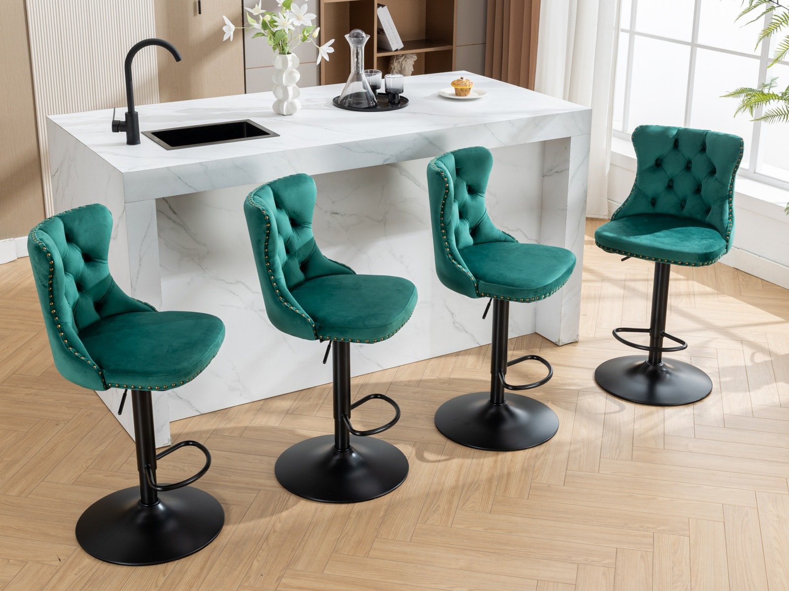 Swivel Velvet Barstools Adjusatble Seat Height, Modern Upholstered Bar Stools With Backs Comfortable Tufted For Home Pub And Kitchen Island (Set of 2) - Green - Image 21