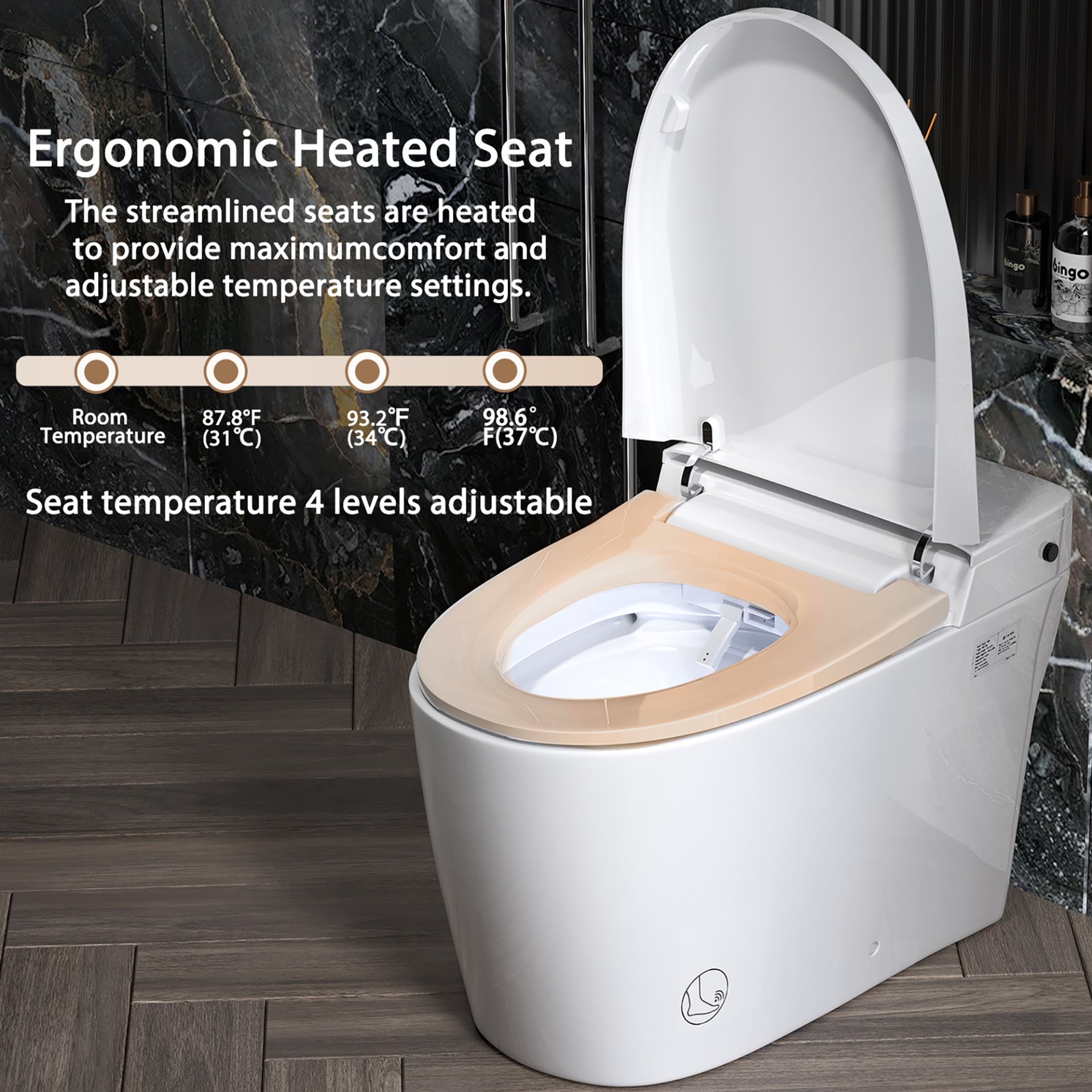 Smart 1 Piece Bidet Toilet With Warm Air Dryer Heated Seat LED Night Light Auto Open / Close - White - Image 6