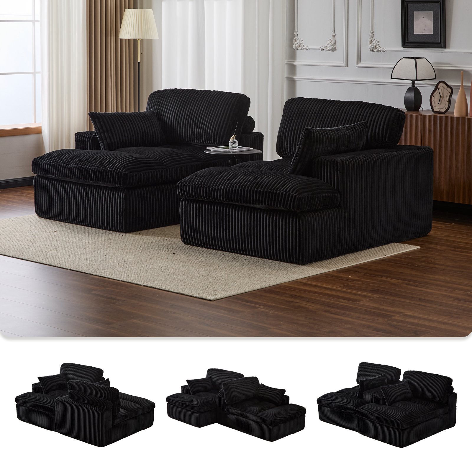 Double Chaise Lounge Chair Indoor, Oversized Upholstered Sleeper Cloud Couch, Deep Seat Sofa Bed - Black - Image 4