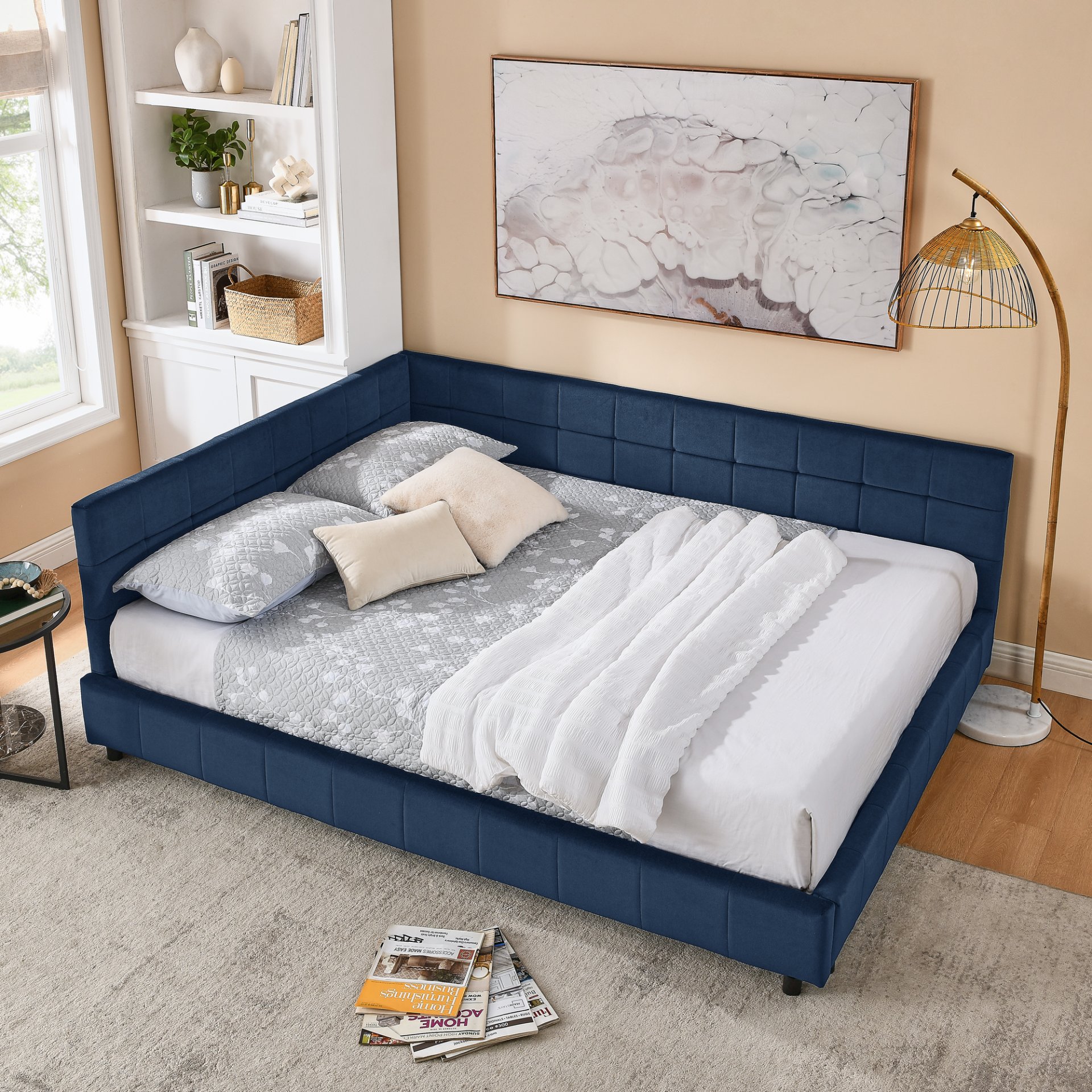 Mid Century Upholstered Tufted Queen Size Bed Frame With Backrest And Armrests Velvet - Dark Blue - Image 3