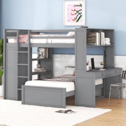 Full Size Loft Bed With A Twin Size Standalone Bed, Shelves, Desk, And Wardrobe - Gray