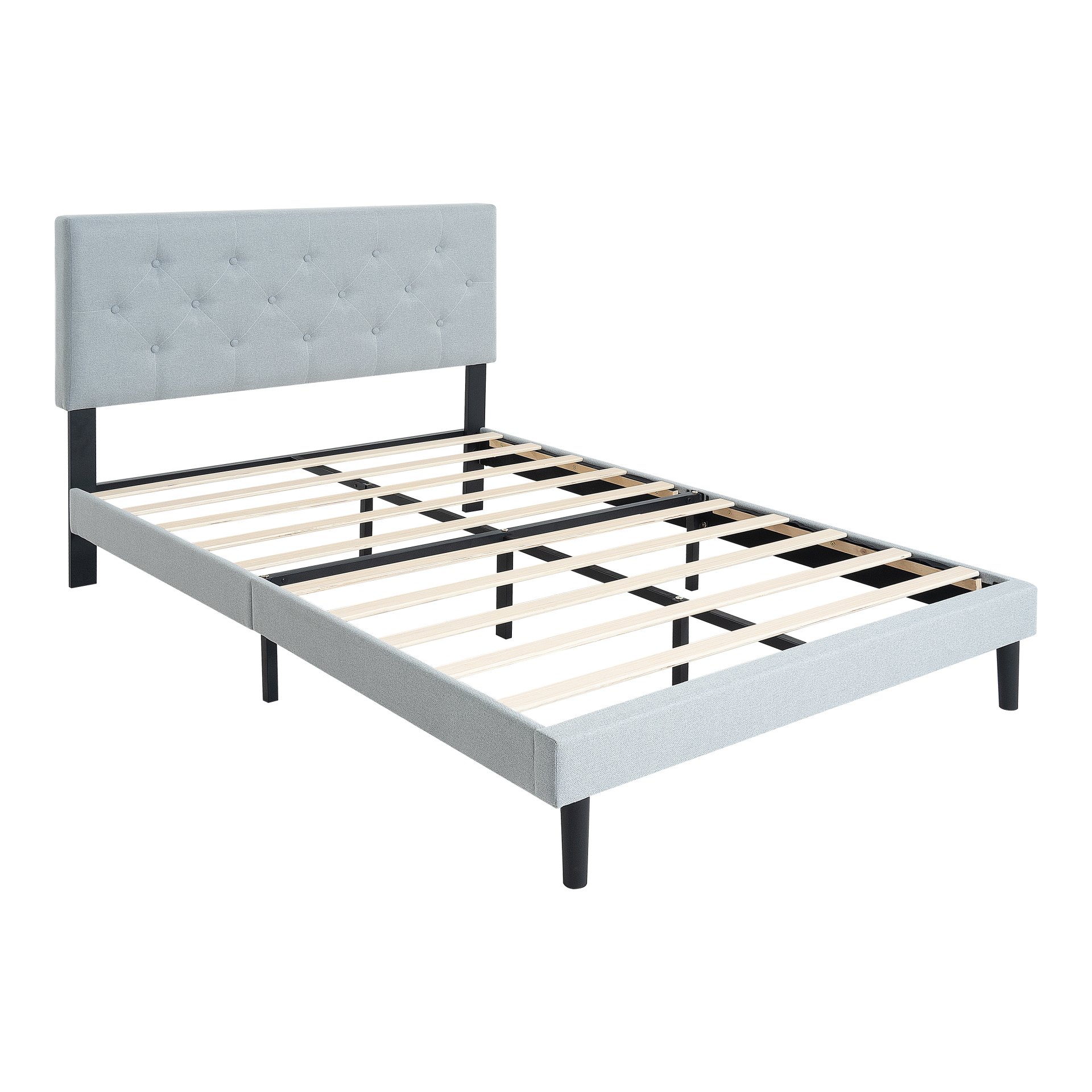 Modern Twin Size Upholstered Platform Bed Frame With Button Tufted Linen Fabric Headboard - Light Gray - Image 5