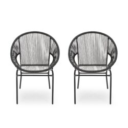 Outdoor Faux Rattan / Iron Metal Club Chair (Set of 2) - Black