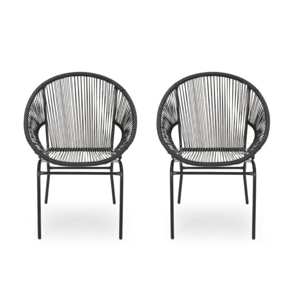 Outdoor Faux Rattan / Iron Metal Club Chair (Set of 2) - Black
