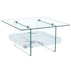 Modern 2 Tier Square Coffee Table With Clear Glass And Marble Pattern Sticker - Transparent / White