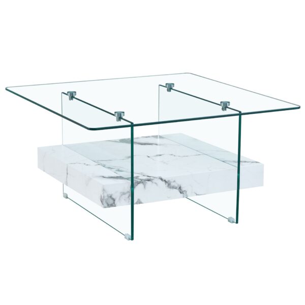 Modern 2 Tier Square Coffee Table With Clear Glass And Marble Pattern Sticker - Transparent / White